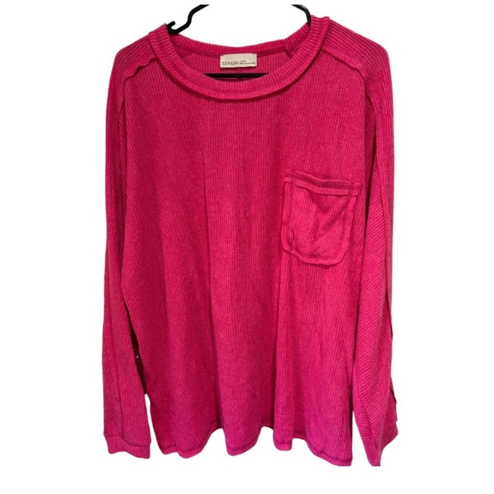Pink Womens Zenana Ribbed Knit Long Sleeve Pocket Top